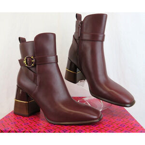 TORY BURCH MULTI LOGO BURGUNDY LEATHER GOLD REVA BUCKLE ZIP HEEL ANKLE BOOTS 9.5